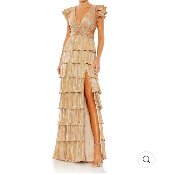 Mac Duggal Gold Ruffle gown maxi full length slit bridal shower bridesmaid guest - Picture 1 of 11